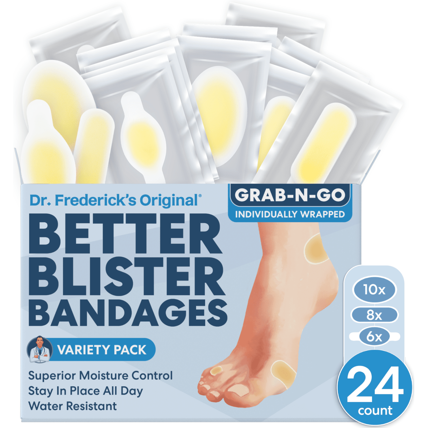 Dr. Frederick's Original Better Blister™ Bandages - 12ct - Water Resistant - 40% More Cushioning - Hydrocolloid Bandages for Foot, Toe, & Heel - Blister Pads for Prevention & Recovery - Variety Pack Blister Care Dr. Frederick's Original 24 Count - Variety Pack