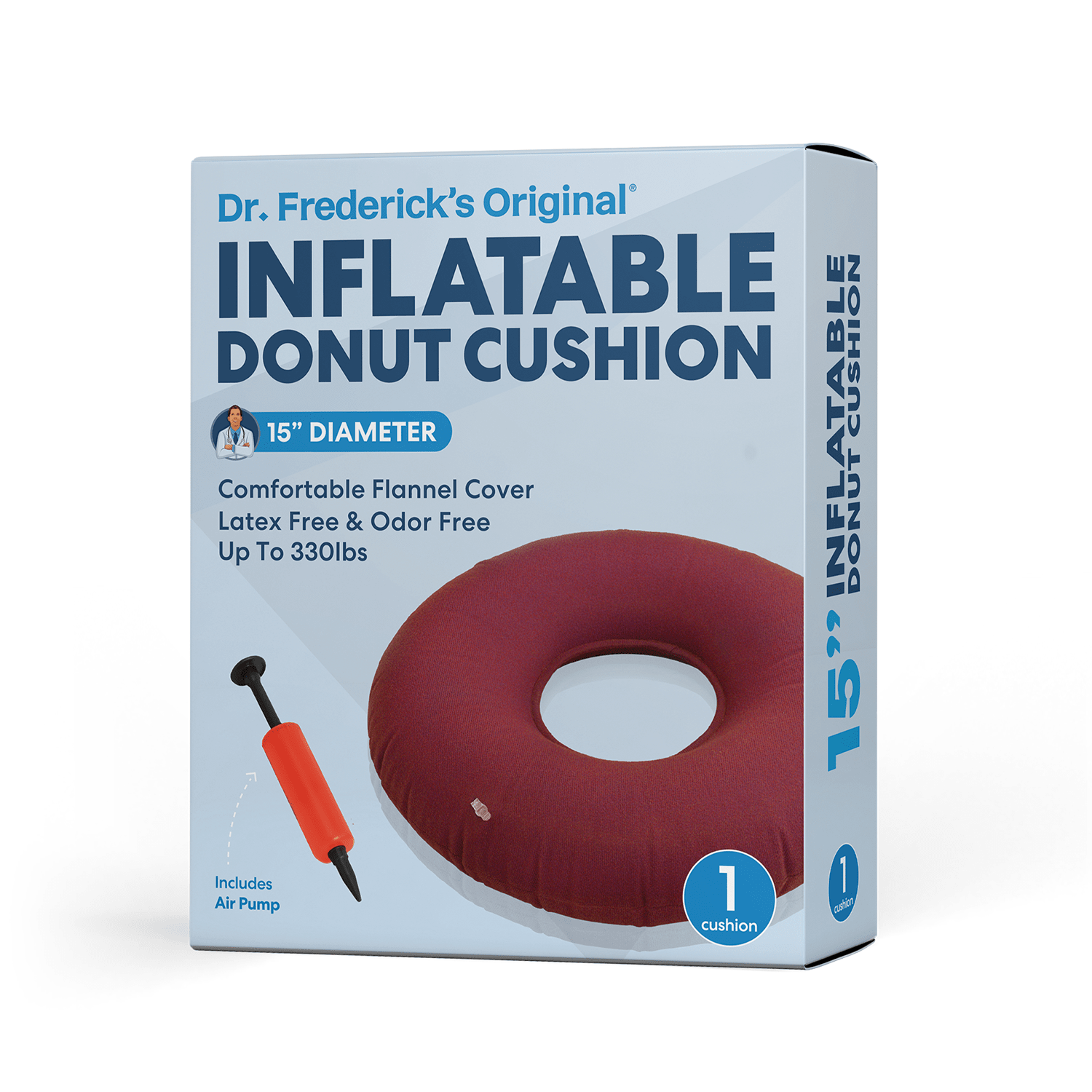Dr. Frederick's Original Donut Pillow - 15" Inflatable Donut Cushion for Tailbone Pain Relief - Seat Cushion for Hemorrhoids, Bed Sores, Prostatitis - Vinyl & Flannel - Red Pain Relief Tools Dr. Frederick's Original