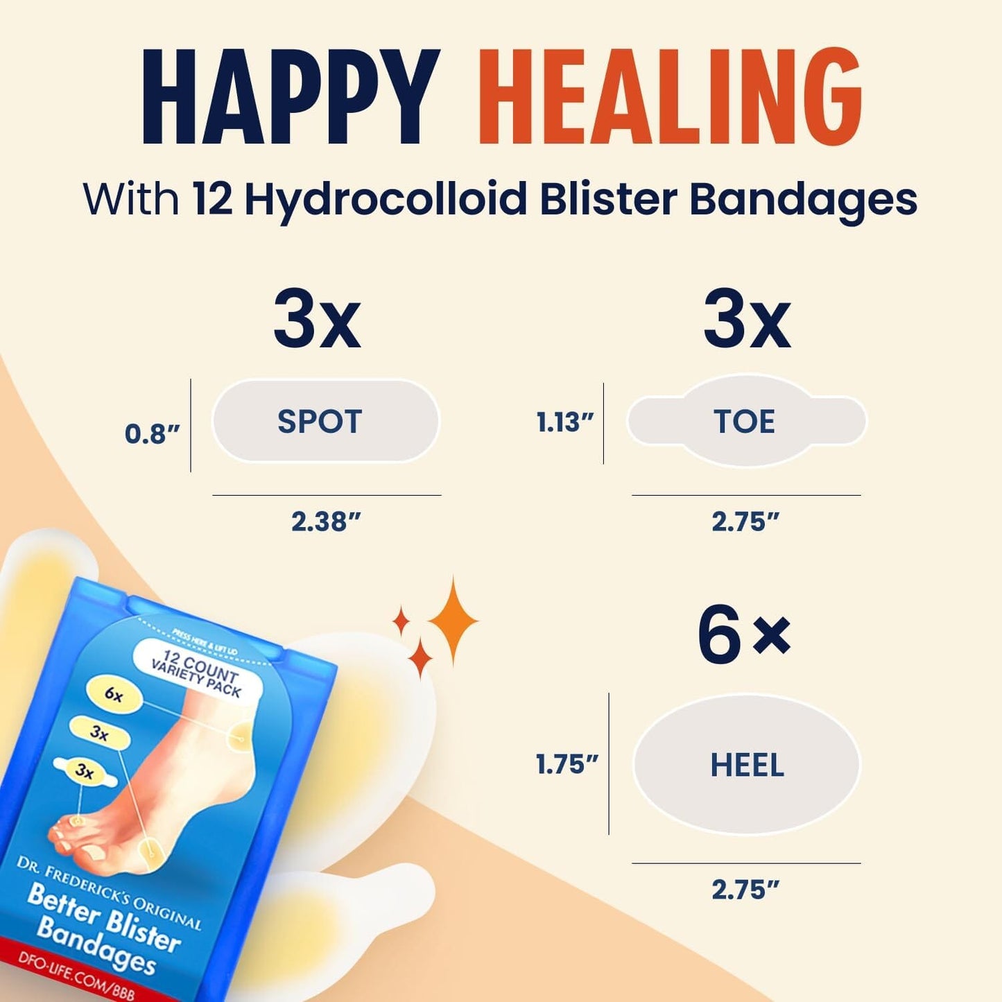 Dr. Frederick's Original Better Blister Bandages - 12ct - Water Resistant - 40% More Cushioning - Hydrocolloid Bandages for Foot, Toe, & Heel - Blister Pads for Prevention & Recovery - Variety Pack Foot Pain Dr. Frederick's Original