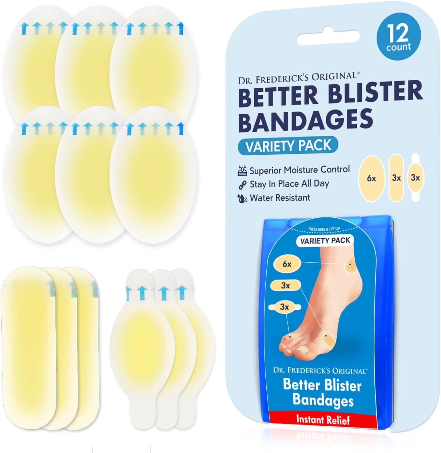 Dr. Frederick's Original Better Blister Bandages - 12ct - Water Resistant - 40% More Cushioning - Hydrocolloid Bandages for Foot, Toe, & Heel - Blister Pads for Prevention & Recovery - Variety Pack Foot Pain Dr. Frederick's Original