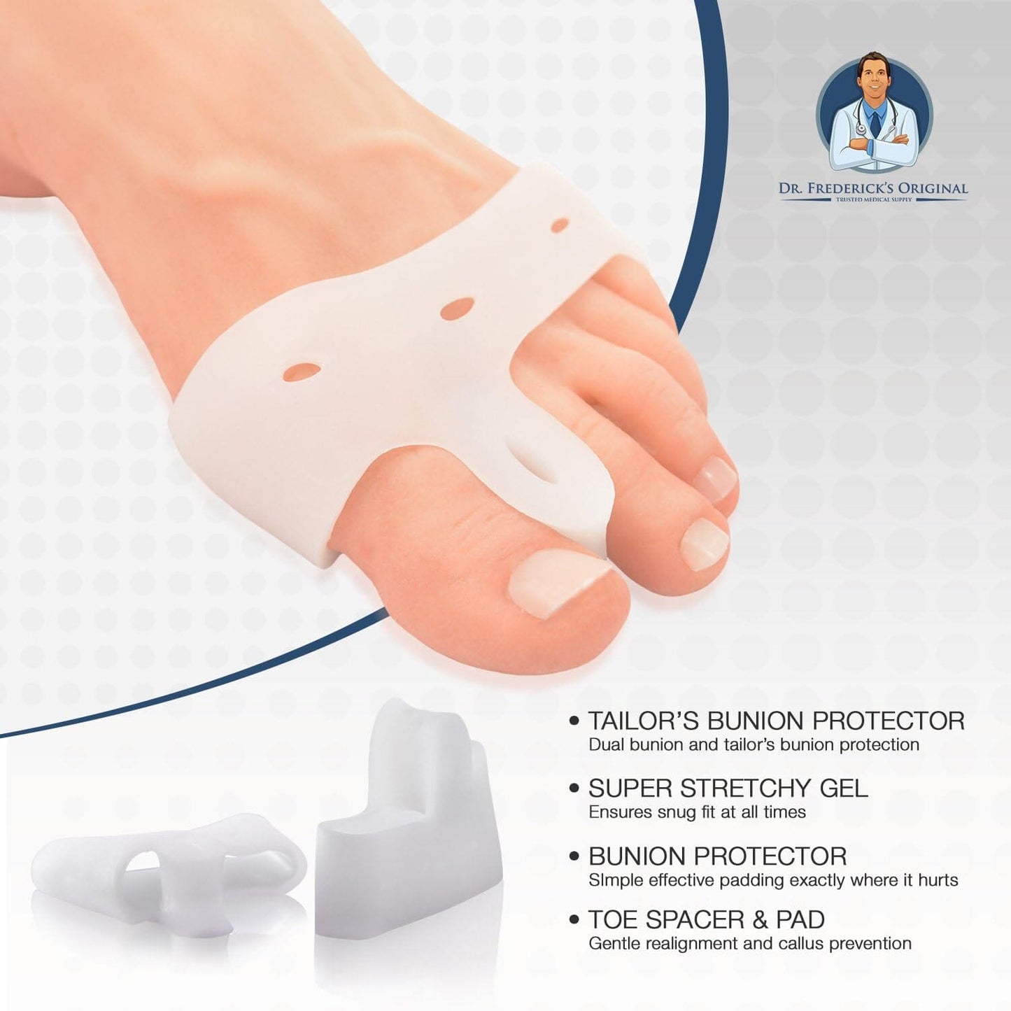 Dr. Frederick's Original Deluxe Bunion Pad & Toe Spacer - 2 Pieces - Soft Gel Toe Separators for Active People - Pain Relief for Bunions & Tailor's Bunions - Heavy Duty Foot Pain Dr. Frederick's Original