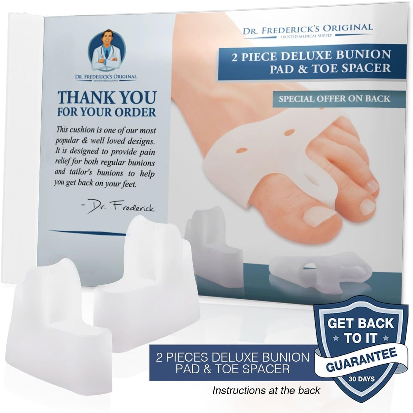 Dr. Frederick's Original Deluxe Bunion Pad & Toe Spacer - 2 Pieces - Soft Gel Toe Separators for Active People - Pain Relief for Bunions & Tailor's Bunions - Heavy Duty Foot Pain Dr. Frederick's Original