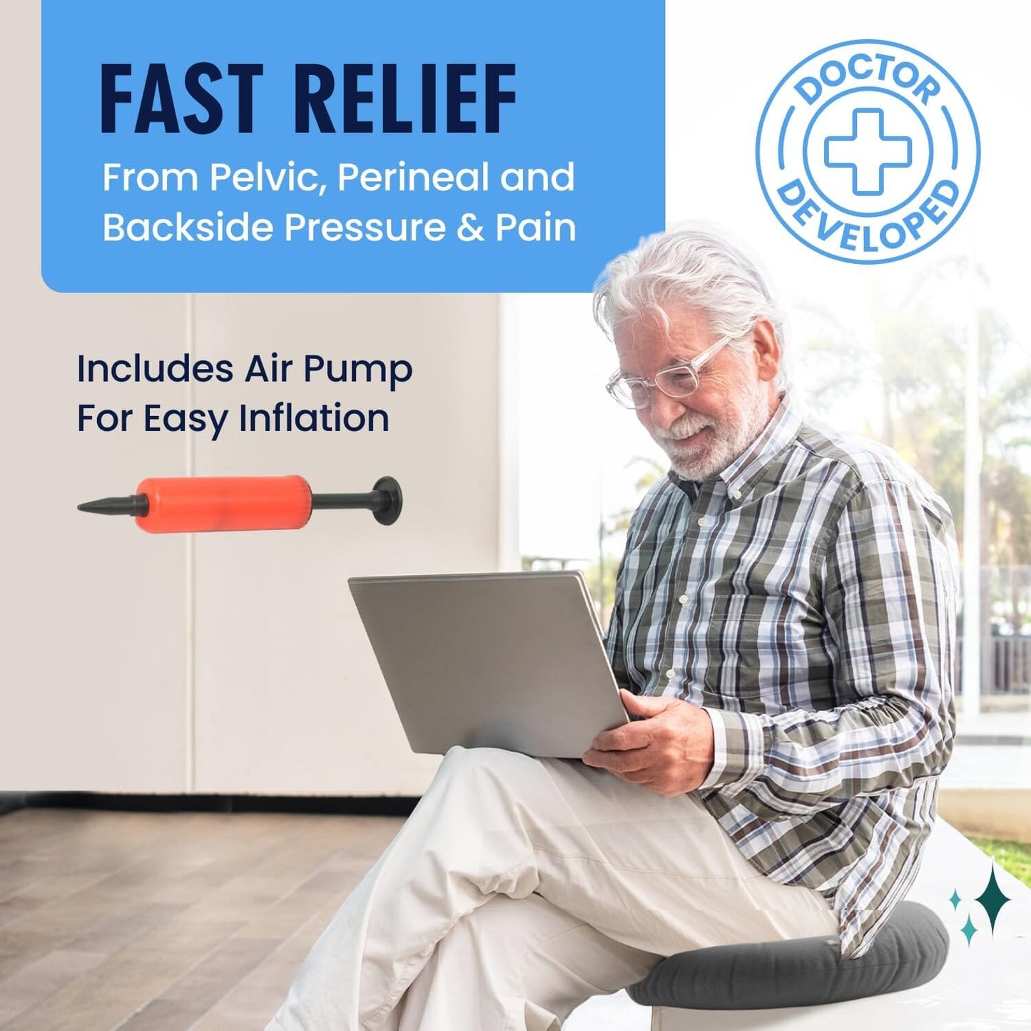 Dr. Frederick's Original Donut Pillow - 18" Inflatable Donut Cushion for Tailbone Pain Relief - Donut Pillow Seat Cushion for Hemorrhoids, Bed Sores, Prostatitis - Gray Flannel & Vinyl Back Pain Dr. Frederick's Original