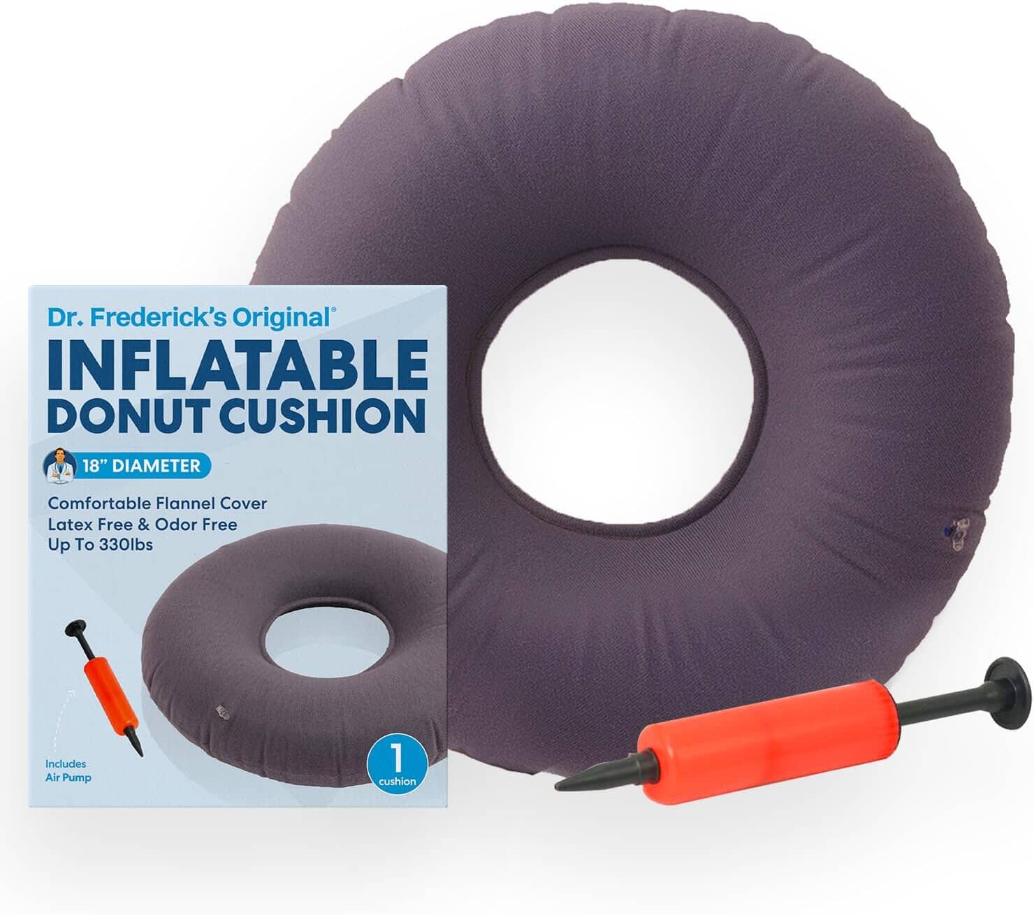 Dr. Frederick's Original Donut Pillow - 18" Inflatable Donut Cushion for Tailbone Pain Relief - Donut Pillow Seat Cushion for Hemorrhoids, Bed Sores, Prostatitis - Gray Flannel & Vinyl Back Pain Dr. Frederick's Original