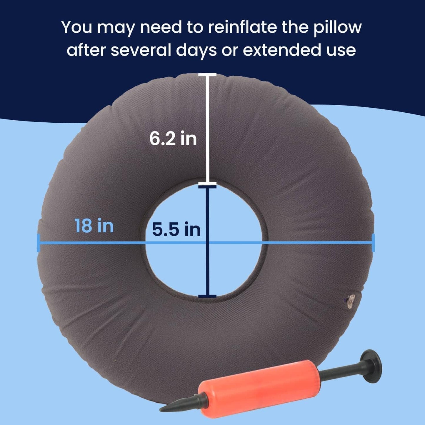 Dr. Frederick's Original Donut Pillow - 18" Inflatable Donut Cushion for Tailbone Pain Relief - Donut Pillow Seat Cushion for Hemorrhoids, Bed Sores, Prostatitis - Gray Flannel & Vinyl Back Pain Dr. Frederick's Original