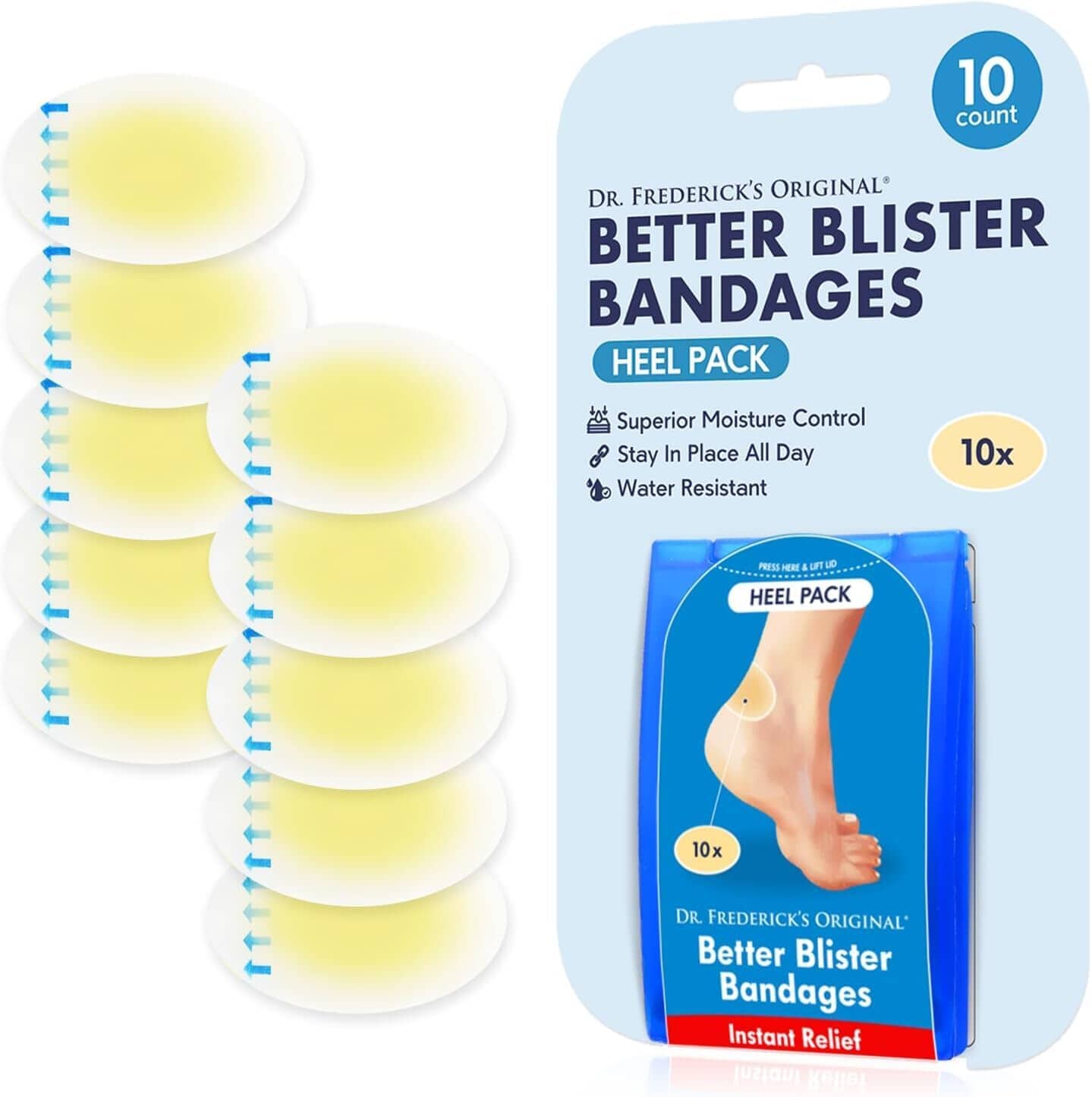 Dr. Frederick's Original Better Blister™ Bandages - 12ct - Water Resistant - 40% More Cushioning - Hydrocolloid Bandages for Foot, Toe, & Heel - Blister Pads for Prevention & Recovery - Variety Pack Foot Pain Dr. Frederick's Original 10 Count - Heel Pack