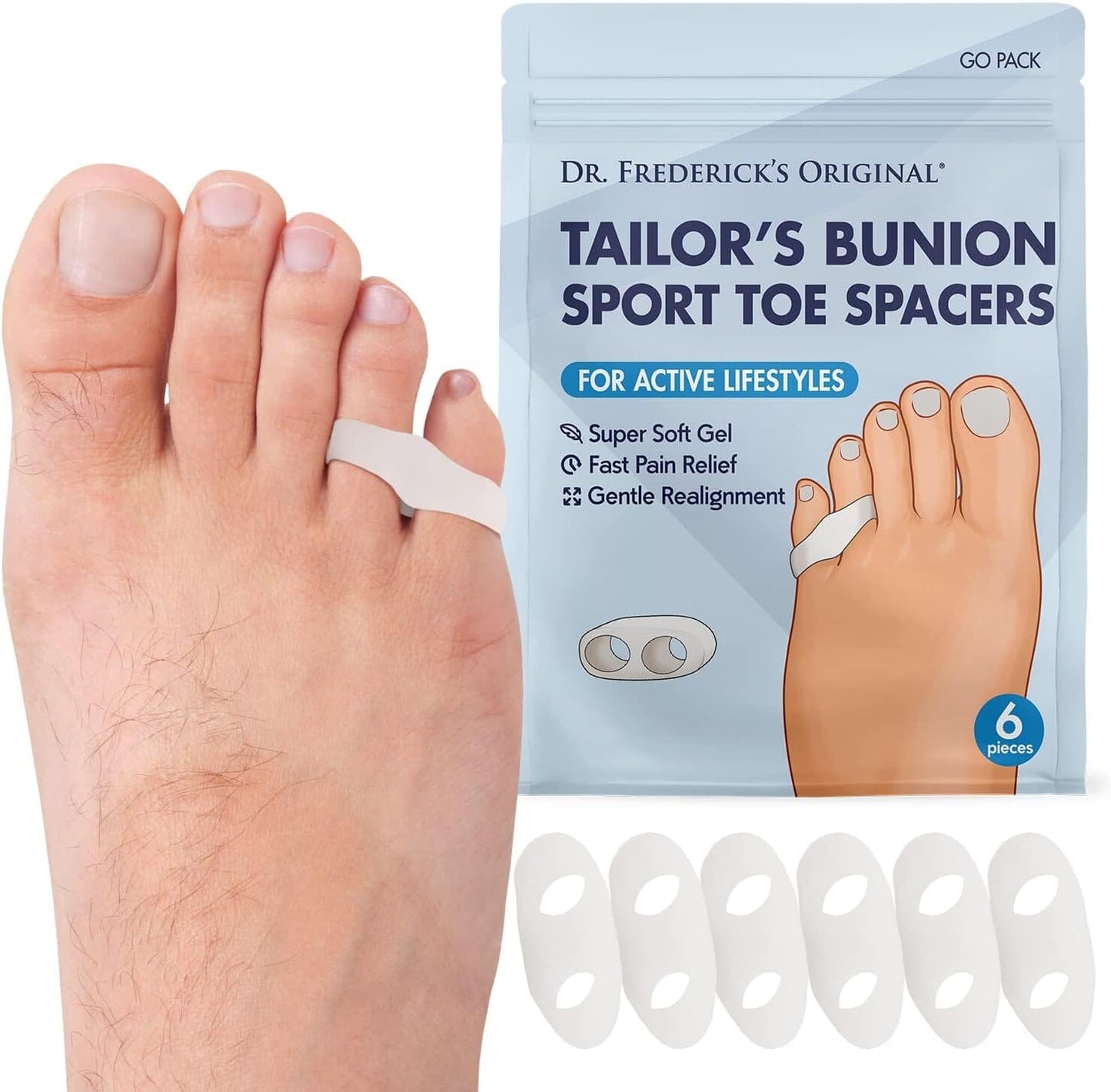 Dr. Frederick's Original Tailor's Bunion Sport Spacers - 6pcs - Soft Gel Tailor's Bunion Corrector - Pinky Toe Protection - Fast Bunionette Pain Relief for Men & Women - Prevent Toe Rubbing Foot Pain Dr. Frederick's Original