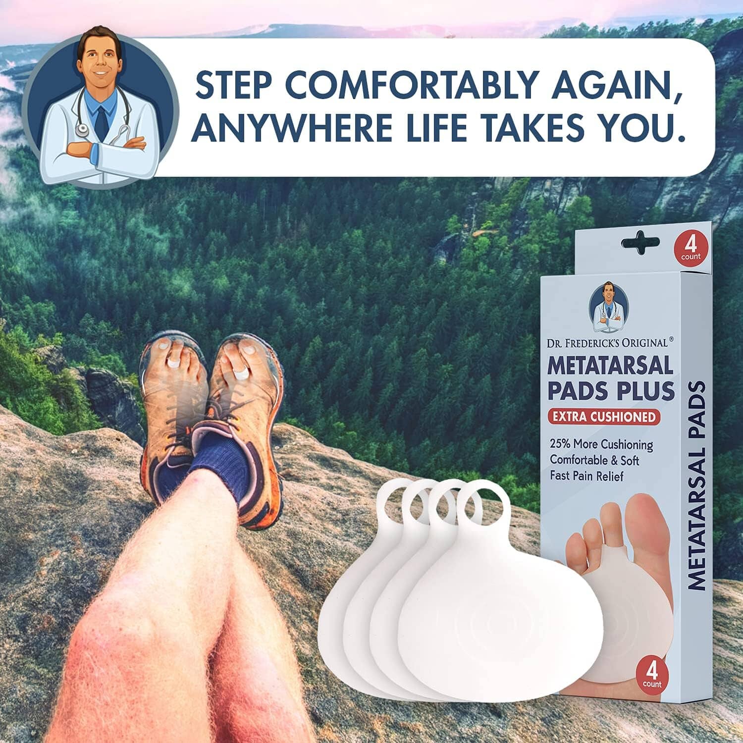 Dr. Frederick's Original Metatarsal Pads Plus - 4pcs - Forefoot Pain Relief - Ball of Foot Pads - Foot Pain Relief Cushion - for Women & Men Foot Pain Dr. Frederick's Original