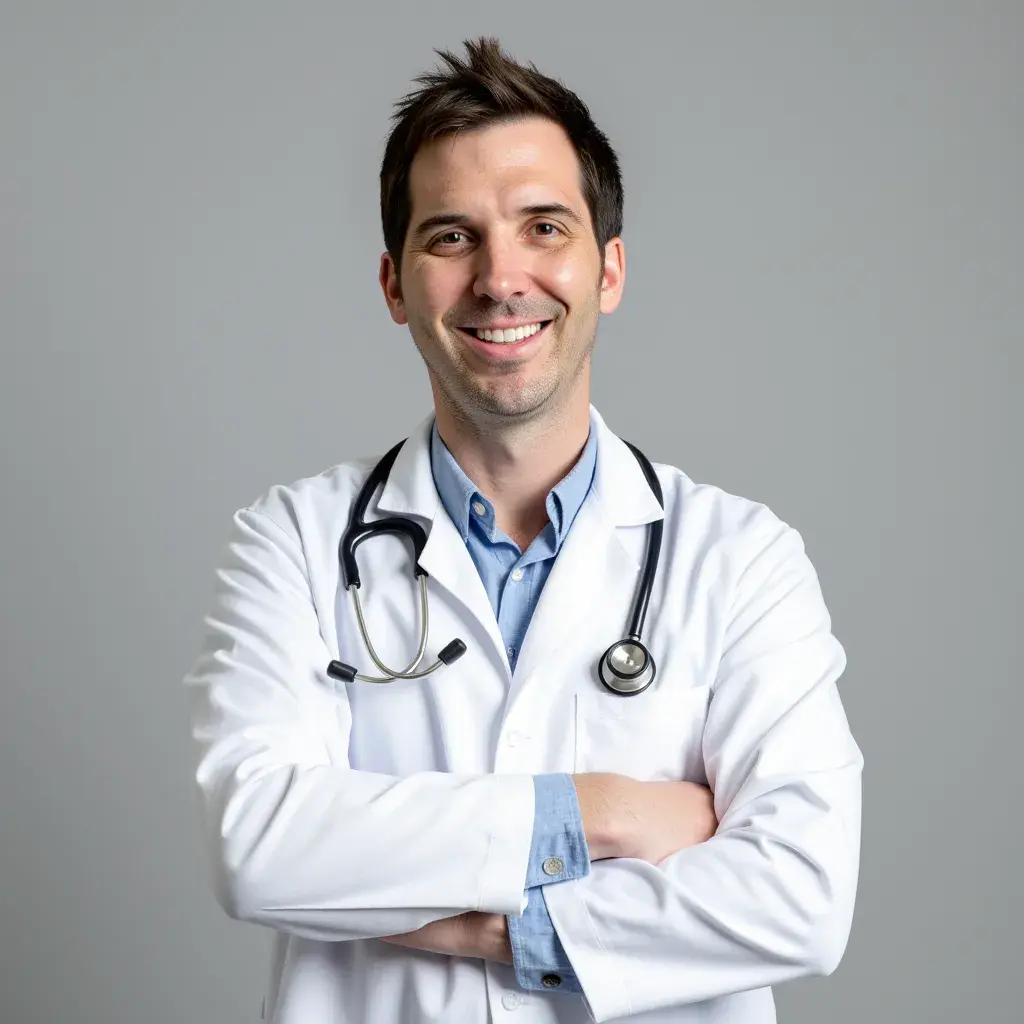 A male doctor wearing a white coat, standing confidently with a stethoscope around his neck.