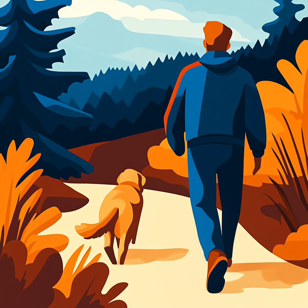 A man walks his dog along a scenic path surrounded by greenery.
