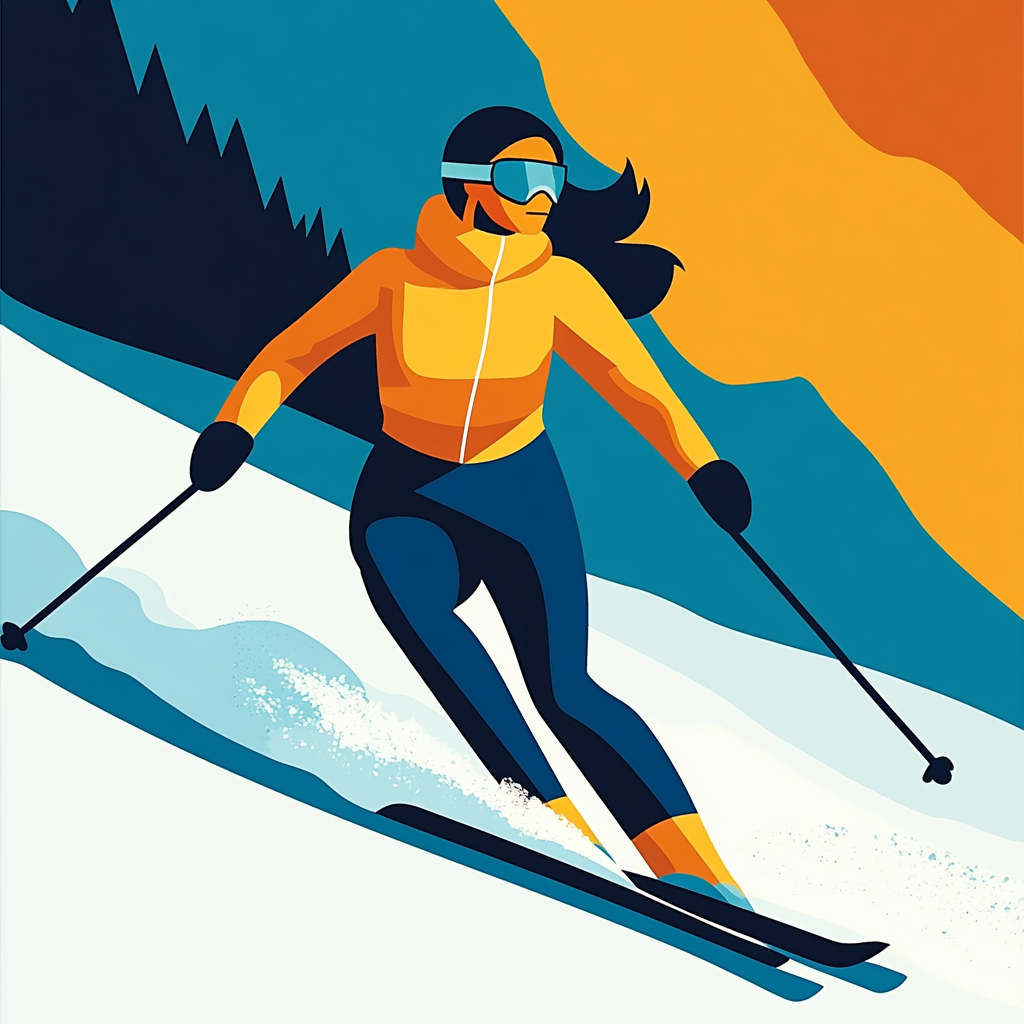A woman skis down a snowy mountain slope, showcasing her skill and balance against a backdrop of pine trees.