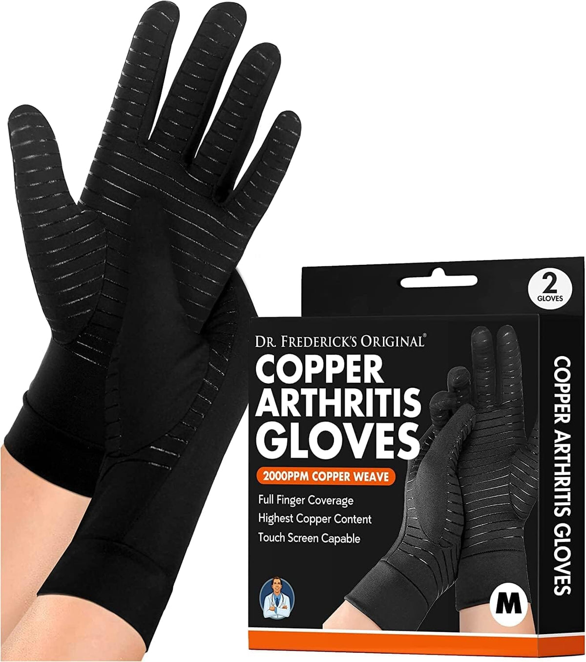Dr. Frederick&#39;s Original Copper Full Finger Arthritis Glove - 2 Gloves - Perfect Computer and Phone Typing Gloves - Fit Guaranteed Hand Pain Dr. Frederick&#39;s Original Medium 