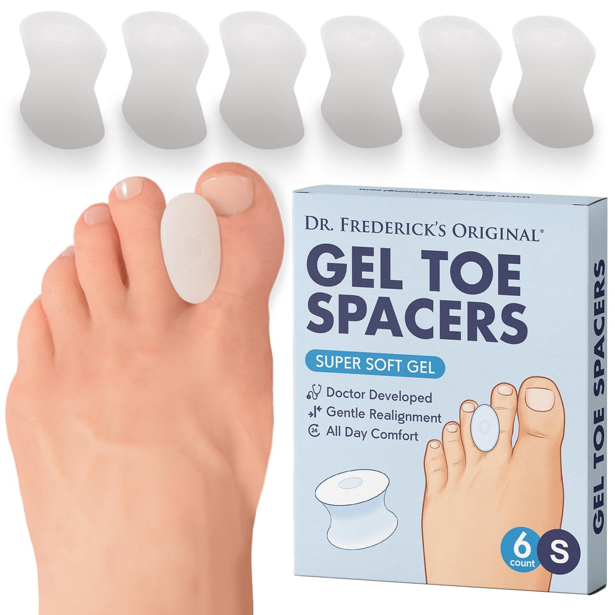Dr. Frederick&#39;s Original Gel Toe Separators - 6 Pcs - Gel Toe Spacers - Temporary Bunion Corrector - Gel Orthotic for Bunion - Overlapping Toe Pain Foot Pain Dr. Frederick&#39;s Original Small 