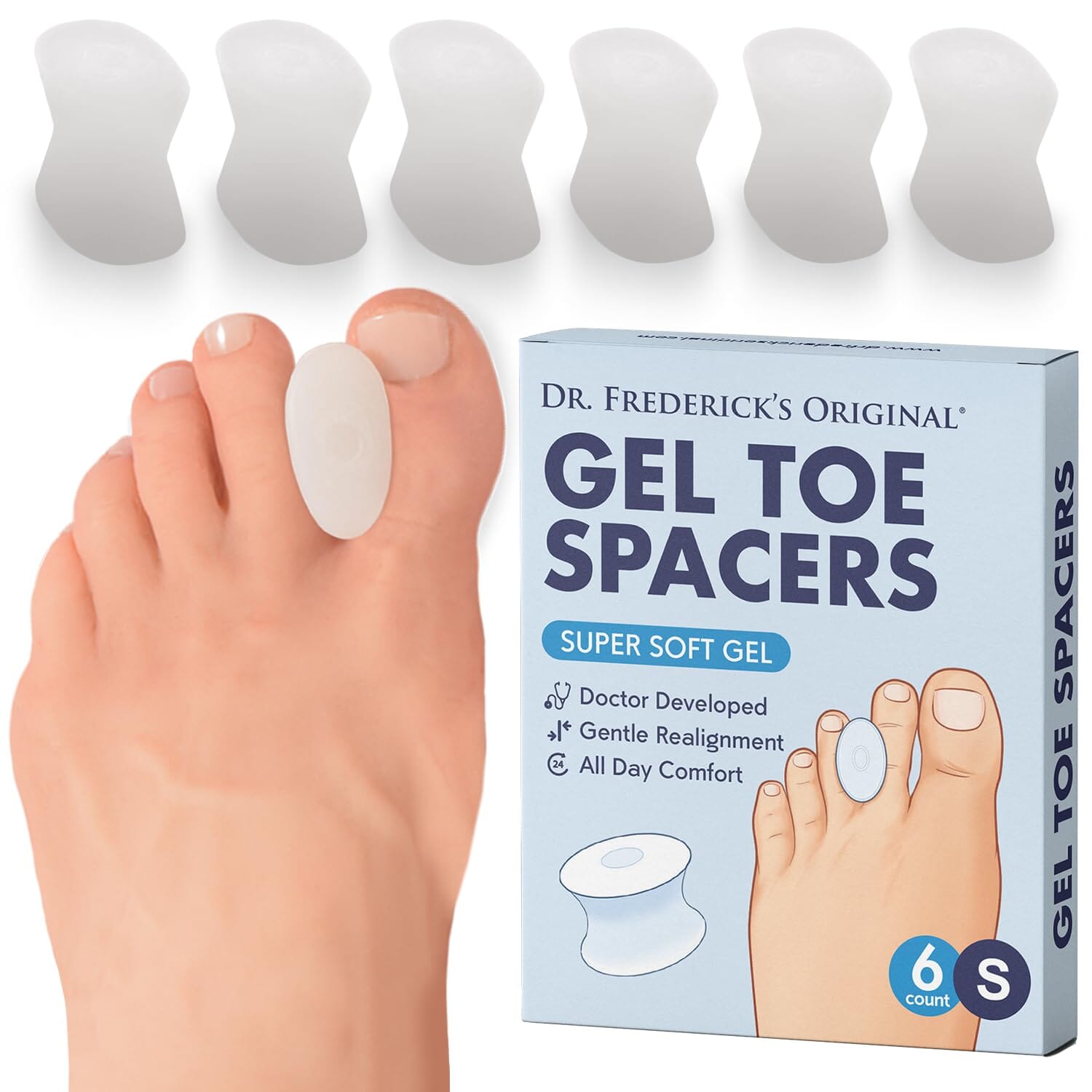 Dr. Frederick's Original Gel Toe Separators - 6 Pcs - Gel Toe Spacers - Temporary Bunion Corrector - Gel Orthotic for Bunion - Overlapping Toe Pain Foot Pain Dr. Frederick's Original 
