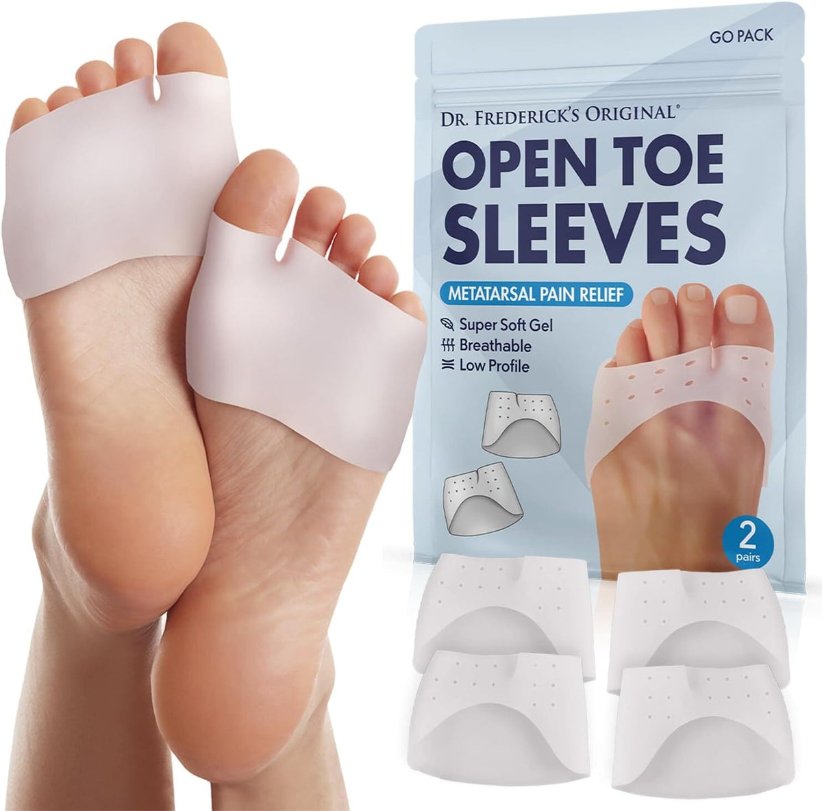 Dr. Frederick&#39;s Original Open Toe Sleeves | Half Toe Sleeve Metatarsal Pads | 4 Pieces | Ball of Foot Cushions | Great for Calluses and Blisters | for Men and Women | Perfect for High Heel Shoes Foot Pain Dr. Frederick&#39;s Original 