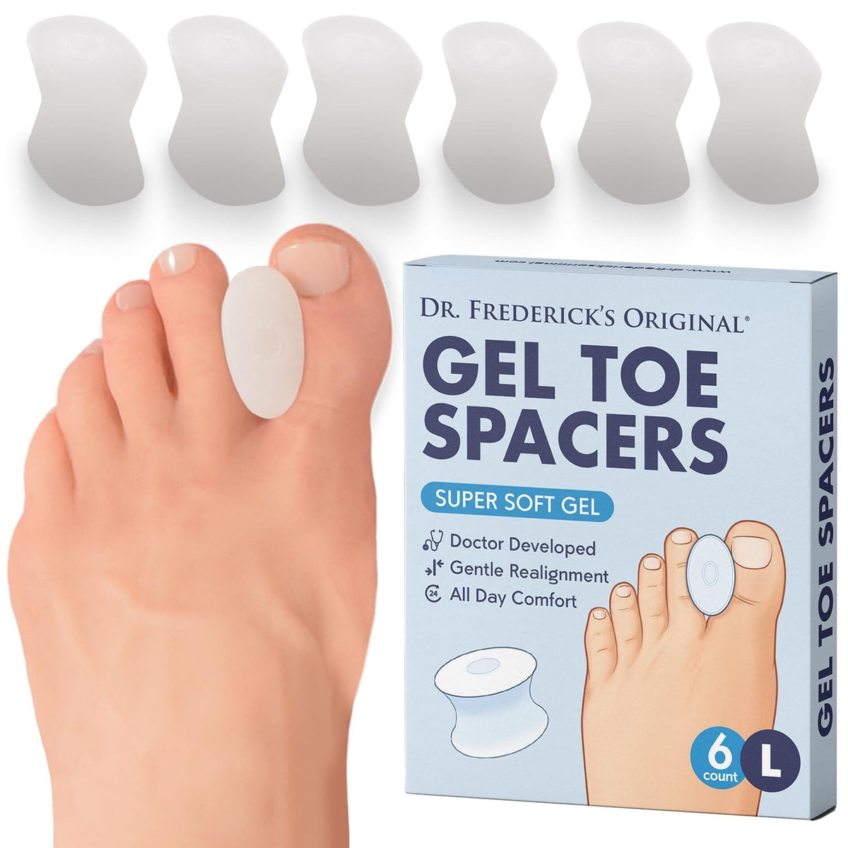 Dr. Frederick&#39;s Original Gel Toe Separators - 6 Pcs - Gel Toe Spacers - Temporary Bunion Corrector - Gel Orthotic for Bunion - Overlapping Toe Pain Foot Pain Dr. Frederick&#39;s Original Large 