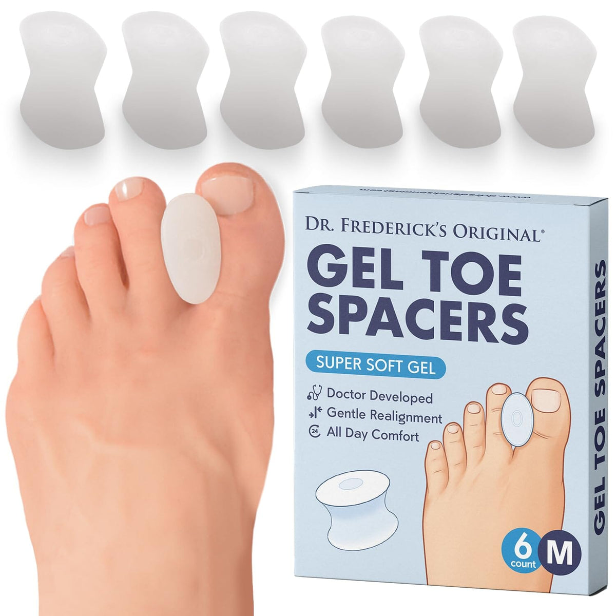 Dr. Frederick&#39;s Original Gel Toe Separators - 6 Pcs - Gel Toe Spacers - Temporary Bunion Corrector - Gel Orthotic for Bunion - Overlapping Toe Pain Foot Pain Dr. Frederick&#39;s Original Medium 