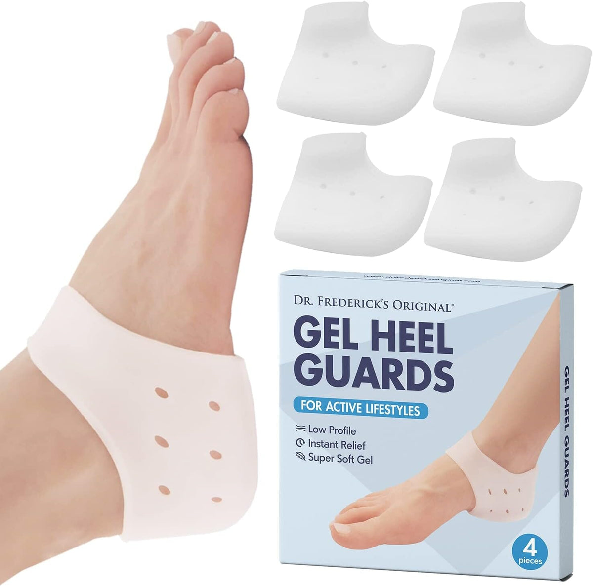 Dr. Frederick&#39;s Original Gel Heel Guards - 4ct. - Heel Cups for Heel Pain Relief - Plantar Fasciitis - Soft Heel Protectors - Gel Inserts - Cushions for Bone Spurs, Heel Spurs, Gout Foot Pain Dr. Frederick&#39;s Original 