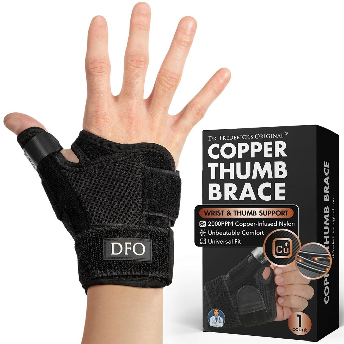 Dr. Frederick&#39;s Original Reversible Copper Infused Wrist Thumb Brace - 1 Brace - Spica Splint for De Quervain’s Tendonitis, Arthritis, CMC, Pain Relief - Left or Right Hand - Fits Men and Women Thumb and Wrist Pain Dr. Frederick&#39;s Original 