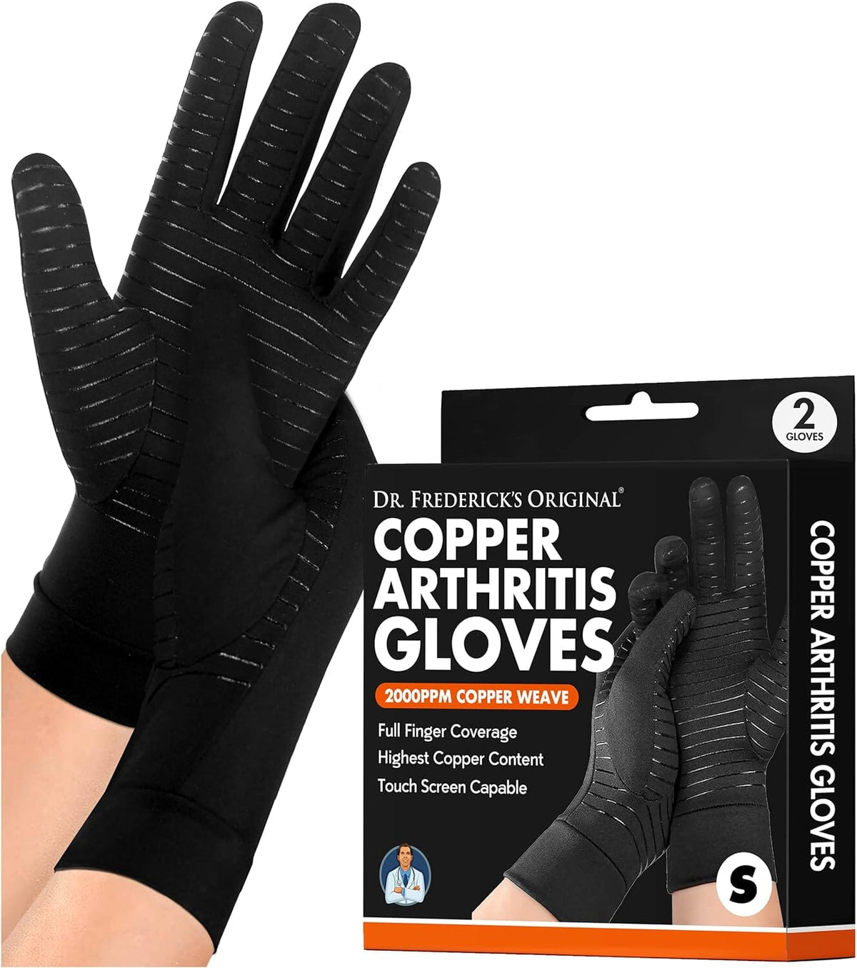 Dr. Frederick&#39;s Original Copper Full Finger Arthritis Glove - 2 Gloves - Perfect Computer and Phone Typing Gloves - Fit Guaranteed Hand Pain Dr. Frederick&#39;s Original Small 