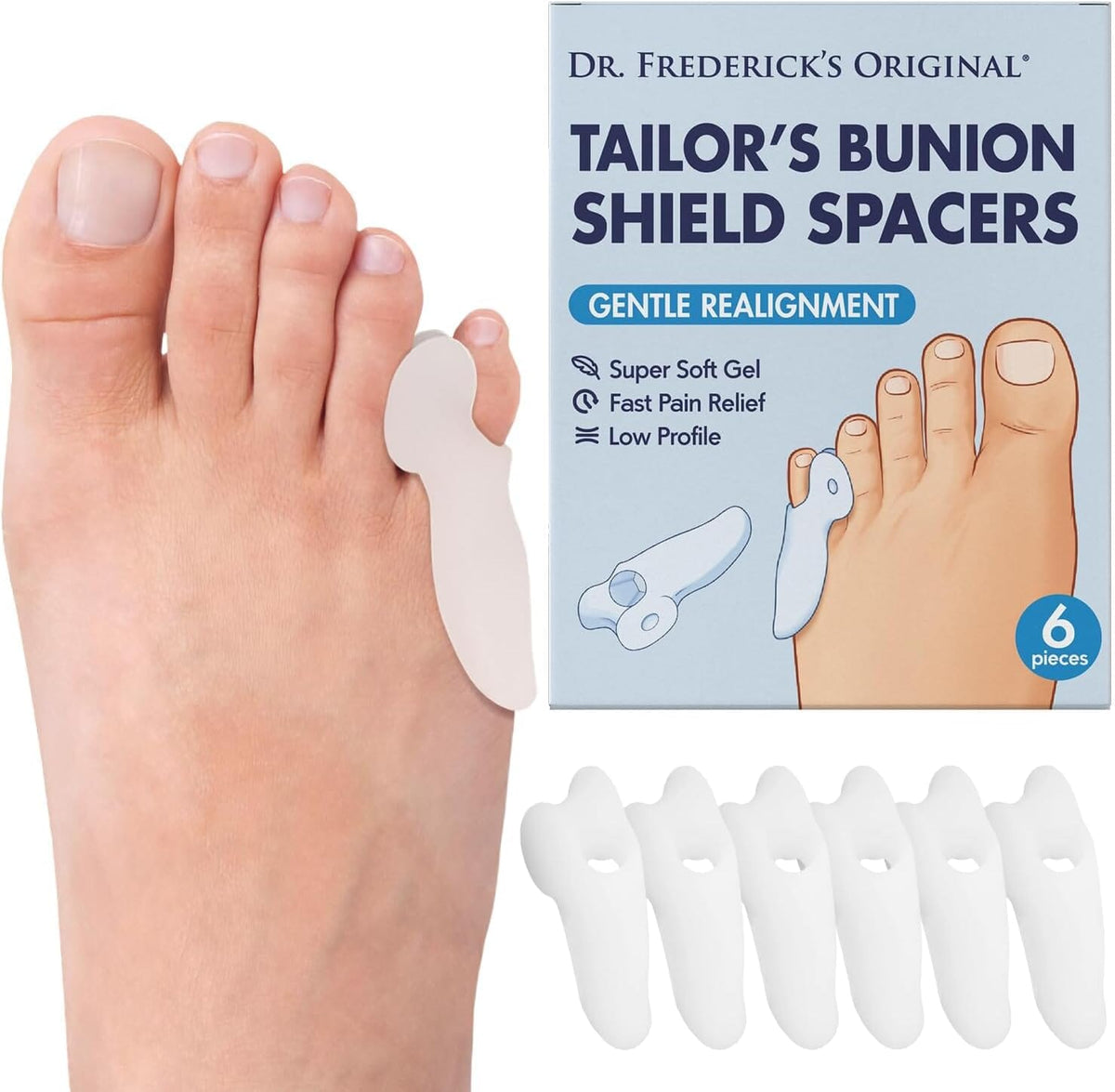 Dr. Frederick&#39;s Original Tailor&#39;s Bunion Shield Spacers - Soft Gel Bunionette Pads with Spacer - Tailors Bunion Pad Corrector - Fast Pain Relief for Men &amp; Women - Pinky Toe Protection - 6 ct Foot Pain Dr. Frederick&#39;s Original 