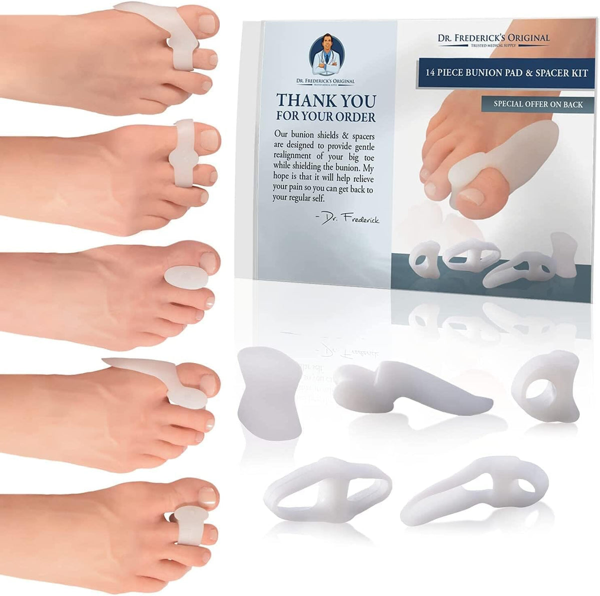Dr. Frederick&#39;s Original 14-Piece Bunion Corrector Kit - Fast Relief for Bunions &amp; Overlapping Toes - For Men &amp; Women - Soft Gel Pads, Spacers, &amp; Separators - For No Surgery Required Foot Pain Dr. Frederick&#39;s Original 