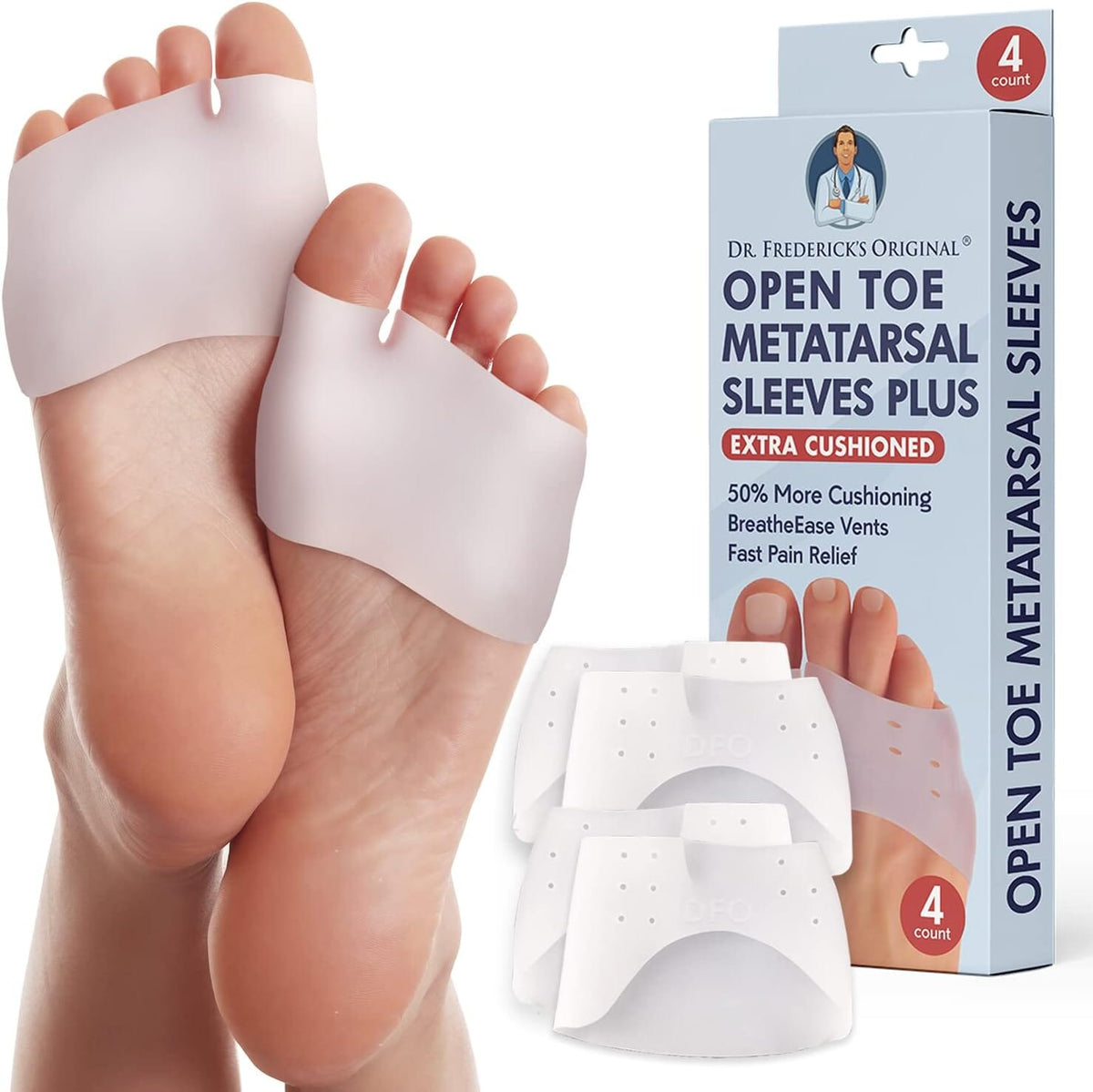 Dr. Frederick&#39;s Original Metatarsal Sleeves Plus - 50% More Cushioning - 4 Pieces - Metatarsal Pads for Women &amp; Men Foot Pain Dr. Frederick&#39;s Original 