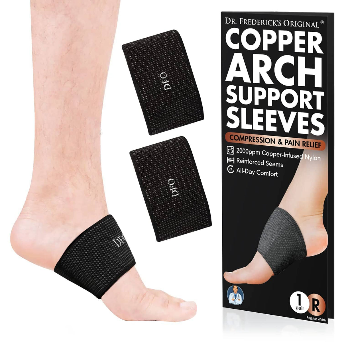 Dr. Frederick’s Original Copper Infused Arch Support Sleeves - 2pcs - Arch Support Bands for Plantar Fasciitis, Flat Feet, Fallen Arches - Fast Pain Relief - Arch Support Braces for Women &amp; Men Foot Pain Dr. Frederick&#39;s Original 