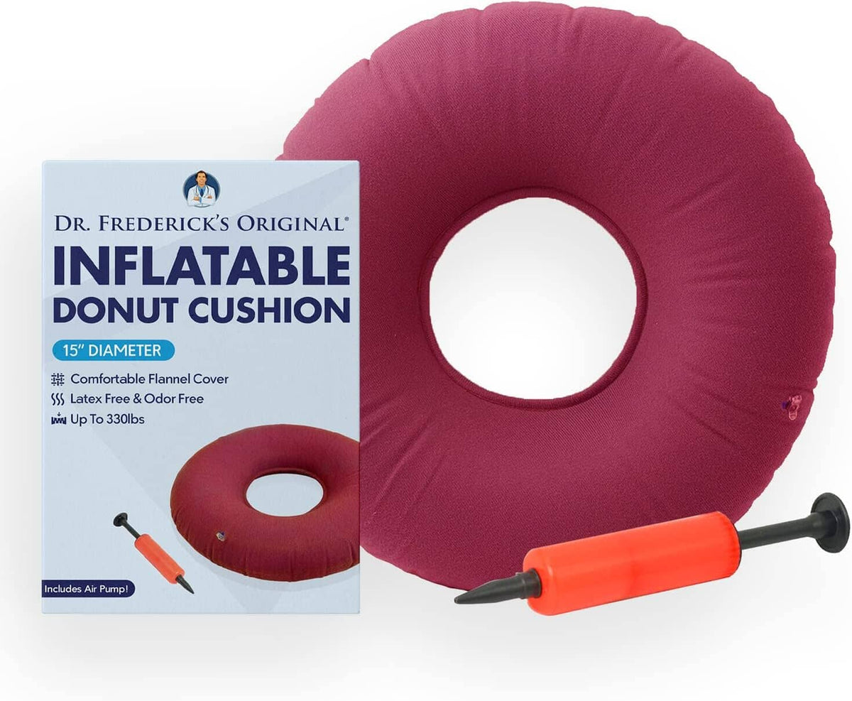 Dr. Frederick’s Original Donut Pillow - 15&quot; Inflatable Donut Cushion for Tailbone Pain Relief - Seat Cushion for Hemorrhoids, Bed Sores, Prostatitis - Vinyl &amp; Flannel - Red Back Pain Dr. Frederick&#39;s Original 