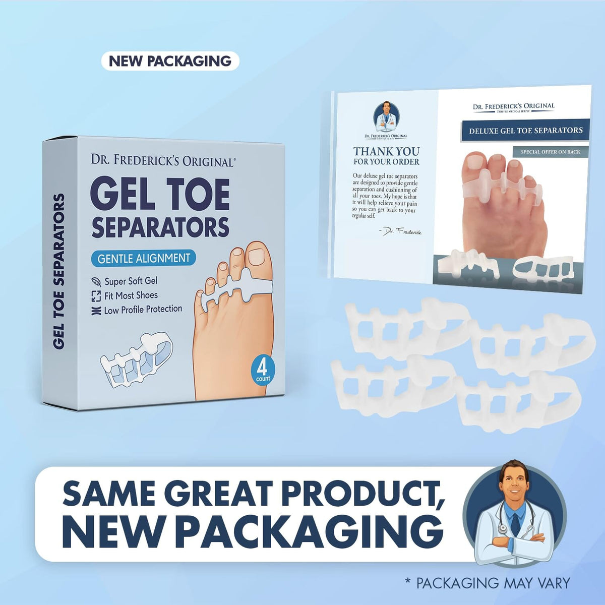 Dr. Frederick’s Original Gel Toe Spreaders - 2pcs- Gel Toe Spacers - Bunion Toe Separators - Temporary Bunion Corrector - Gel Orthotic for Overlapping Toes - For Men/Women - One Size Foot Pain Dr. Frederick&#39;s Original 