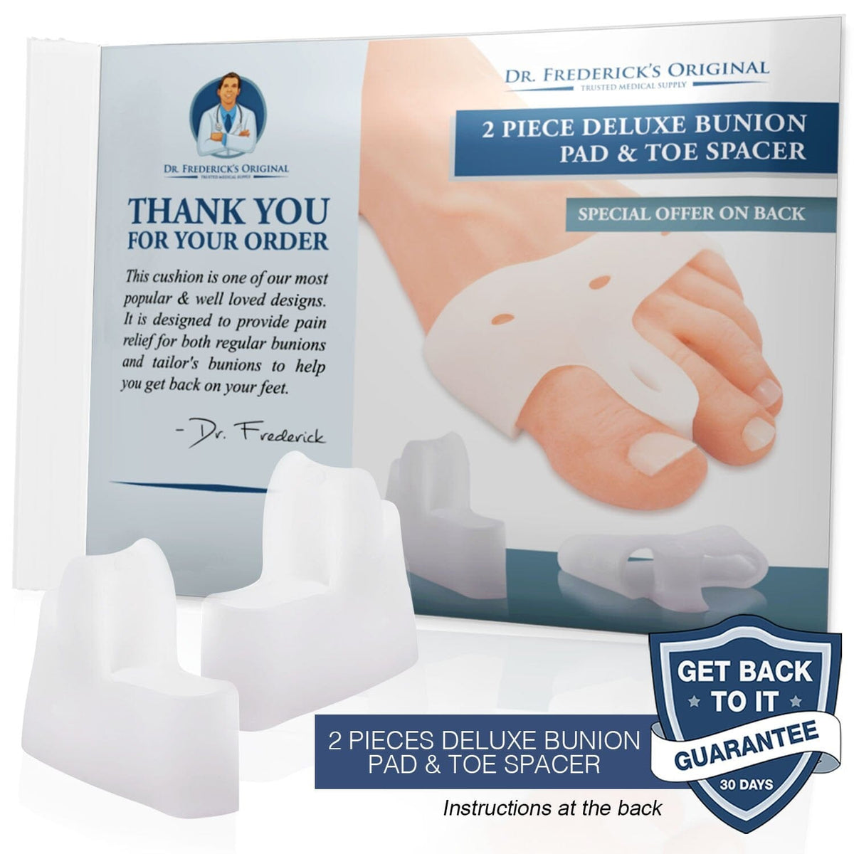 Dr. Frederick&#39;s Original Deluxe Bunion Pad &amp; Toe Spacer - 2 Pieces - Soft Gel Toe Separators for Active People - Pain Relief for Bunions &amp; Tailor&#39;s Bunions - Heavy Duty Foot Pain Dr. Frederick&#39;s Original 