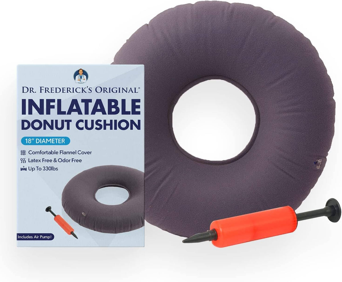 Dr. Frederick&#39;s Original Donut Pillow - 18&quot; Inflatable Donut Cushion for Tailbone Pain Relief - Donut Pillow Seat Cushion for Hemorrhoids, Bed Sores, Prostatitis - Gray Flannel &amp; Vinyl Back Pain Dr. Frederick&#39;s Original 