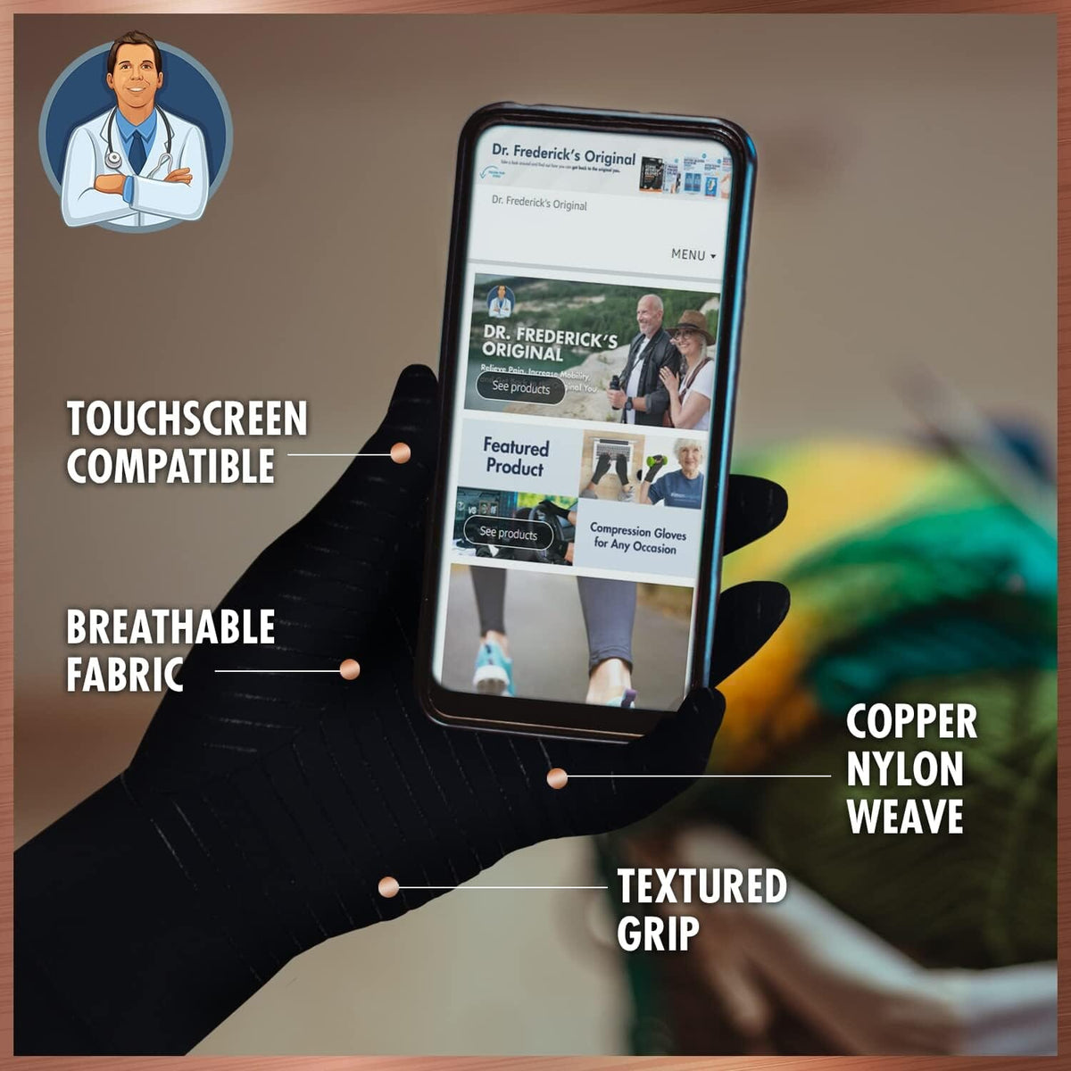 Dr. Frederick&#39;s Original Copper Full Finger Arthritis Glove - 2 Gloves - Perfect Computer and Phone Typing Gloves - Fit Guaranteed Hand Pain Dr. Frederick&#39;s Original 