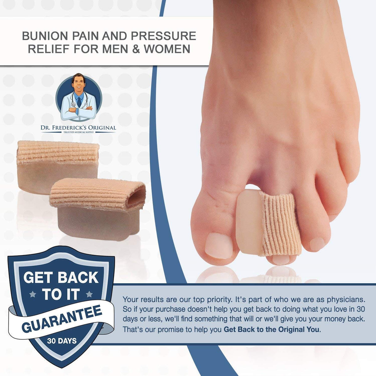 Dr. Frederick&#39;s Original 2 Piece Fabric Toe Separators - Bunion Relief Toe Spacer Set - 1 Pair Fabrigrip Toe Protectors - For Men &amp; Women Foot Pain Dr. Frederick&#39;s Original 