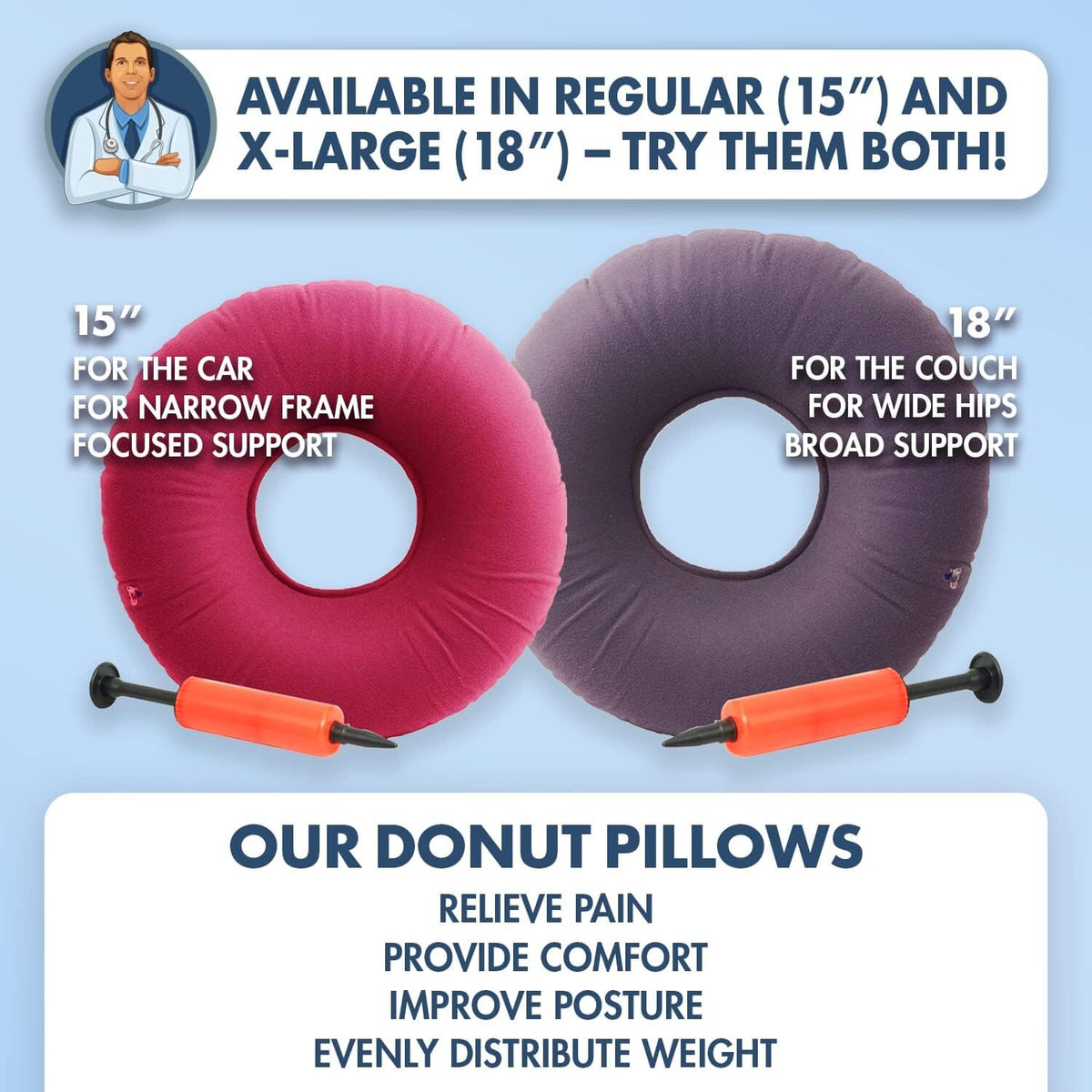 Dr. Frederick&#39;s Original Donut Pillow - 18&quot; Inflatable Donut Cushion for Tailbone Pain Relief - Donut Pillow Seat Cushion for Hemorrhoids, Bed Sores, Prostatitis - Gray Flannel &amp; Vinyl Back Pain Dr. Frederick&#39;s Original 
