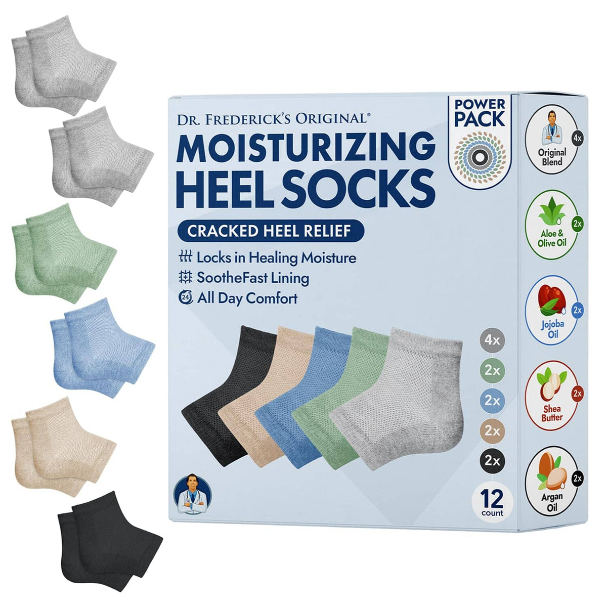 Dr. Frederick&#39;s Original Moisturizing Heel Socks for Cracked Heel Treatment - 2 Pairs - Heel Socks for Dry Cracked Feet - Cracked Heel Repair - Heal Dry Heels - Foot Care for Women &amp; Men - Choose Your Color Cracked Heel Dr. Frederick&#39;s Original Power Pack 