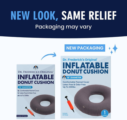 Dr. Frederick's Original Donut Pillow - 18" Inflatable Donut Cushion for Tailbone Pain Relief - Donut Pillow Seat Cushion for Hemorrhoids, Bed Sores, Prostatitis - Gray Flannel & Vinyl Back Pain Dr. Frederick's Original 