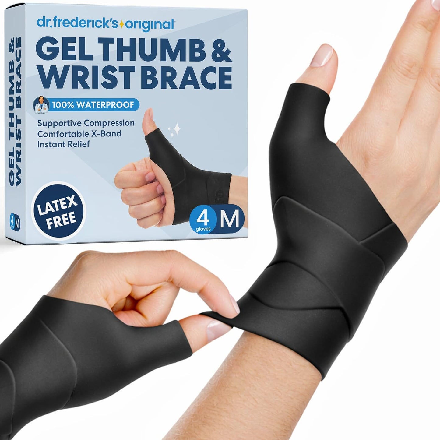 Waterproof Gel Thumb & Wrist Brace - 4 Count Hand & Finger Care Dr. Frederick's Original Medium Black 