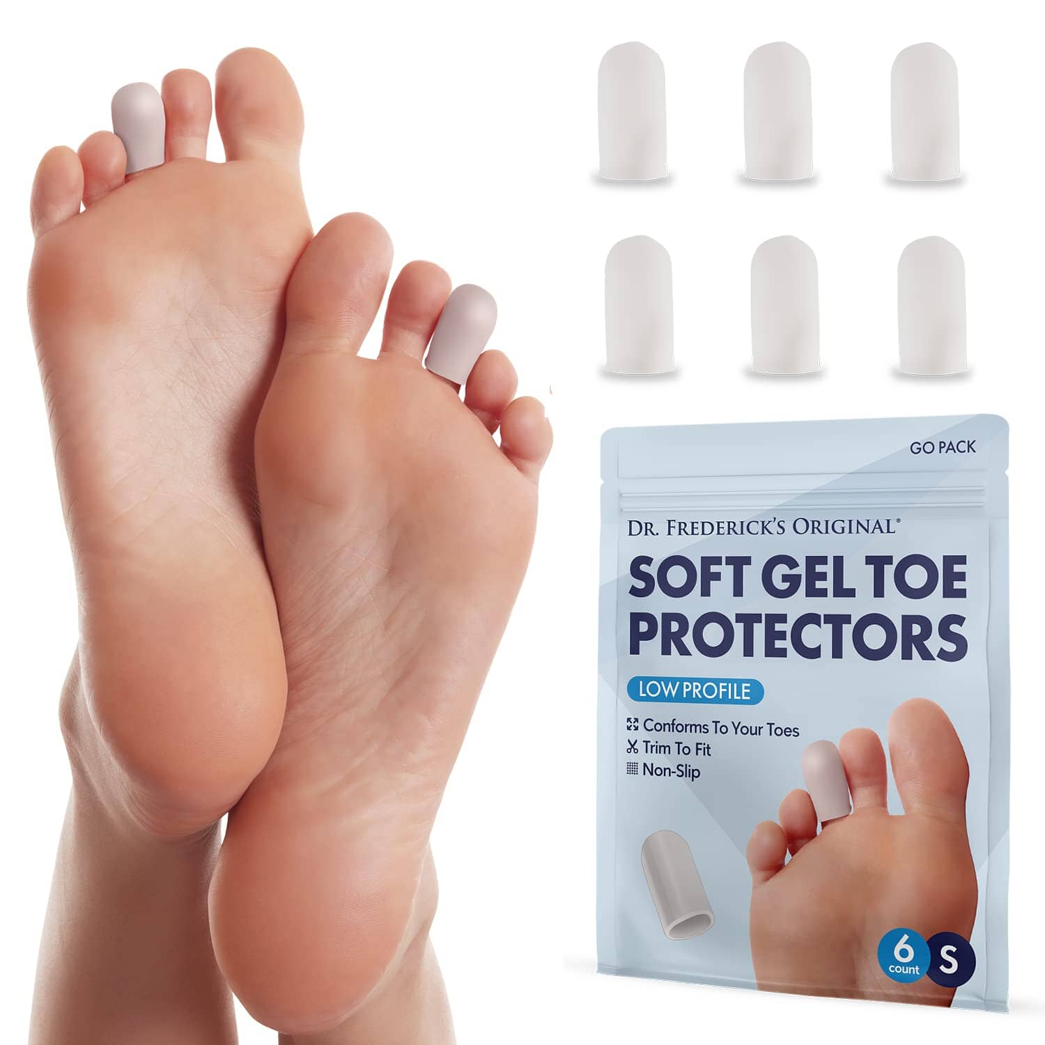 Dr. Frederick's Original Soft Gel Toe Protectors for Men & Women - 6 Pieces - Toe Caps for Foot Pain Relief - Flexible Cushions - Toe Sleeves for Ingrown Toenails, Corns, Calluses, Blisters - Small Foot Pain Dr. Frederick's Original 