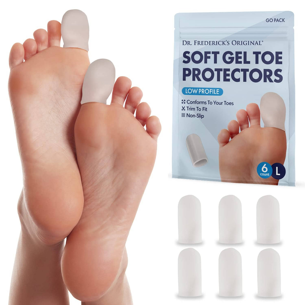 Dr. Frederick&#39;s Original Soft Gel Toe Protectors for Men &amp; Women - 6 Pieces - Toe Caps for Foot Pain Relief - Flexible Cushions - Toe Sleeves for Ingrown Toenails, Corns, Calluses, Blisters Foot Pain Dr. Frederick&#39;s Original 