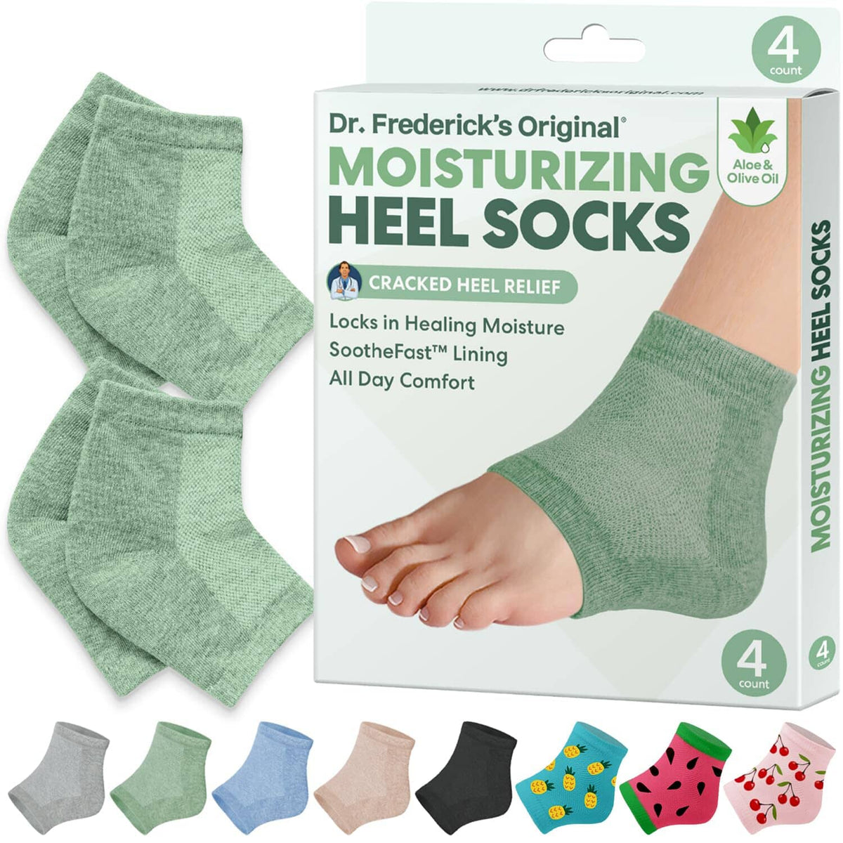 Dr. Frederick&#39;s Original Moisturizing Heel Socks for Cracked Heel Treatment - 2 Pairs - Stop Cracked Heels in Their Tracks Cracked Heel Dr. Frederick&#39;s Original Green - Aloe &amp; Olive 