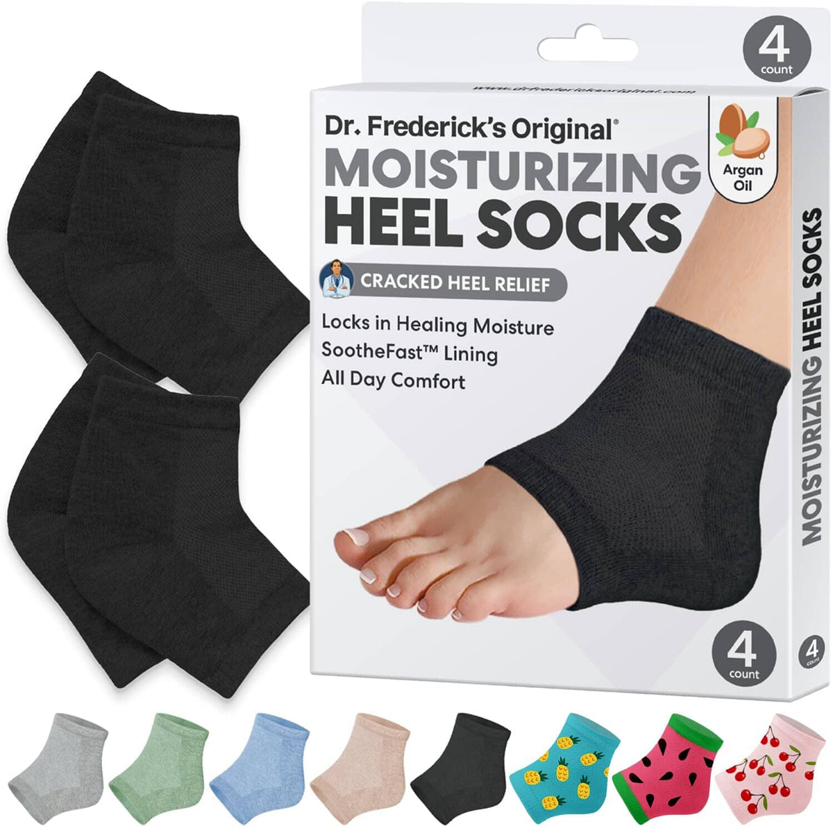 Dr. Frederick&#39;s Original Moisturizing Heel Socks for Cracked Heel Treatment - 2 Pairs - Stop Cracked Heels in Their Tracks Cracked Heel Dr. Frederick&#39;s Original Black - Argan Oil 