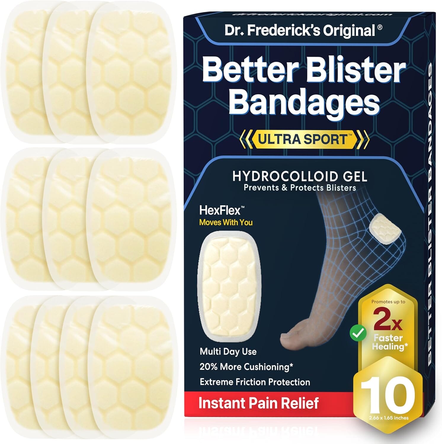 Dr. Frederick's Original Ultra Sport Better Blister Bandages for Feet - 10ct - Heel HexFlex Hydrocolloid Bandages - Ultimate Blister Prevention & Recovery - Waterproof - for Sports & Travel Dr. Frederick's Original 