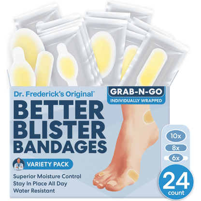 Dr. Frederick's Original Better Blister™ Bandages - 12ct - Water Resistant - 40% More Cushioning - Hydrocolloid Bandages for Foot, Toe, & Heel - Blister Pads for Prevention & Recovery - Variety Pack Blister Care Dr. Frederick's Original 24 Count - Variety Pack 