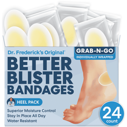 Dr. Frederick's Original Better Blister™ Bandages - 12ct - Water Resistant - 40% More Cushioning - Hydrocolloid Bandages for Foot, Toe, & Heel - Blister Pads for Prevention & Recovery - Variety Pack Blister Care Dr. Frederick's Original 24 Count - Heel Pack 