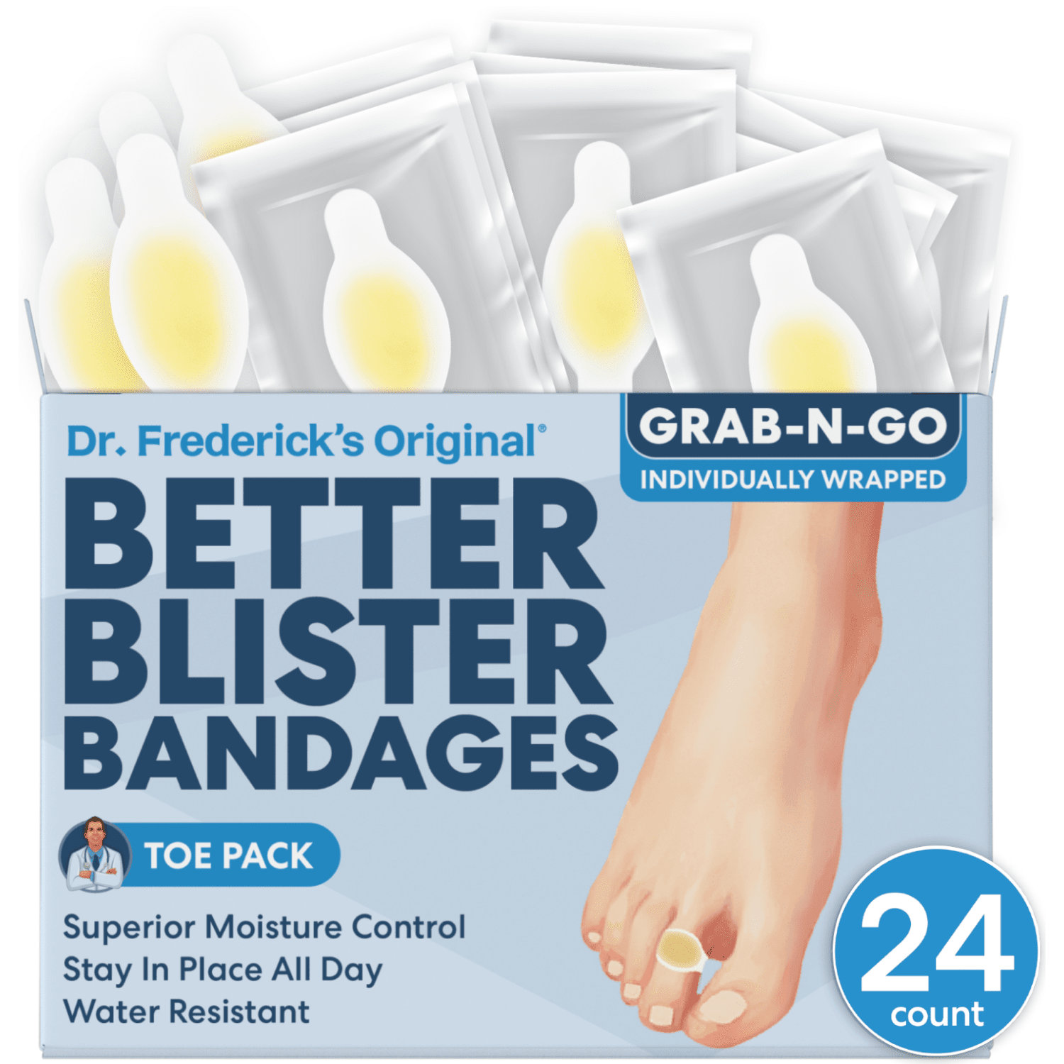 Dr. Frederick's Original Better Blister™ Bandages - 12ct - Water Resistant - 40% More Cushioning - Hydrocolloid Bandages for Foot, Toe, & Heel - Blister Pads for Prevention & Recovery - Variety Pack Blister Care Dr. Frederick's Original 24 Count - Toe Pack 