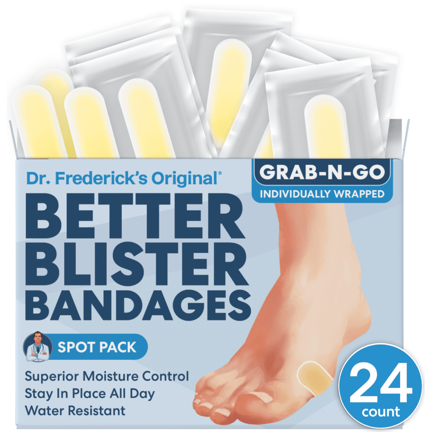 Dr. Frederick's Original Better Blister™ Bandages - 12ct - Water Resistant - 40% More Cushioning - Hydrocolloid Bandages for Foot, Toe, & Heel - Blister Pads for Prevention & Recovery - Variety Pack Blister Care Dr. Frederick's Original 24 Count - Spot Pack 