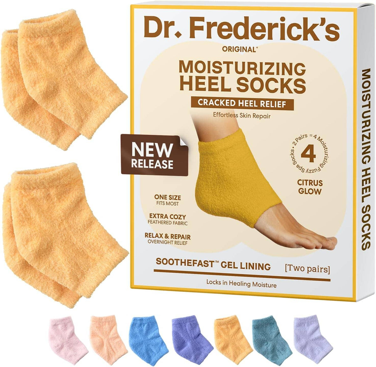 Dr. Frederick&#39;s Original Moisturizing Fuzzy Heel Socks - 2 Pairs - Cozy Gel-Lined Sleep Socks for Women &amp; Men - Soothes Dry, Cracked Feet - Heel Repair Dr. Frederick&#39;s Original Citrus Glow 