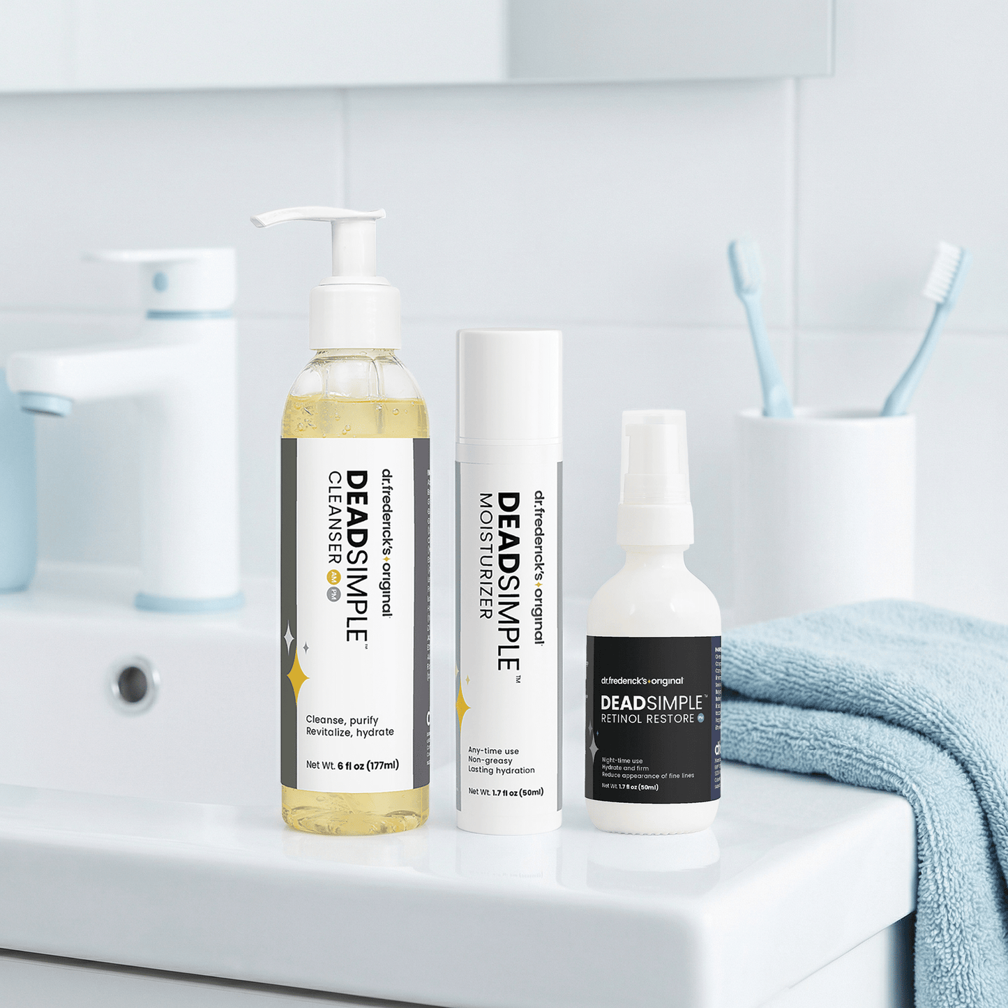 DeadSimple™ Skincare Full System - Cleanser, Moisturizer & Retinol Restore Facial Care Fast Bundle 