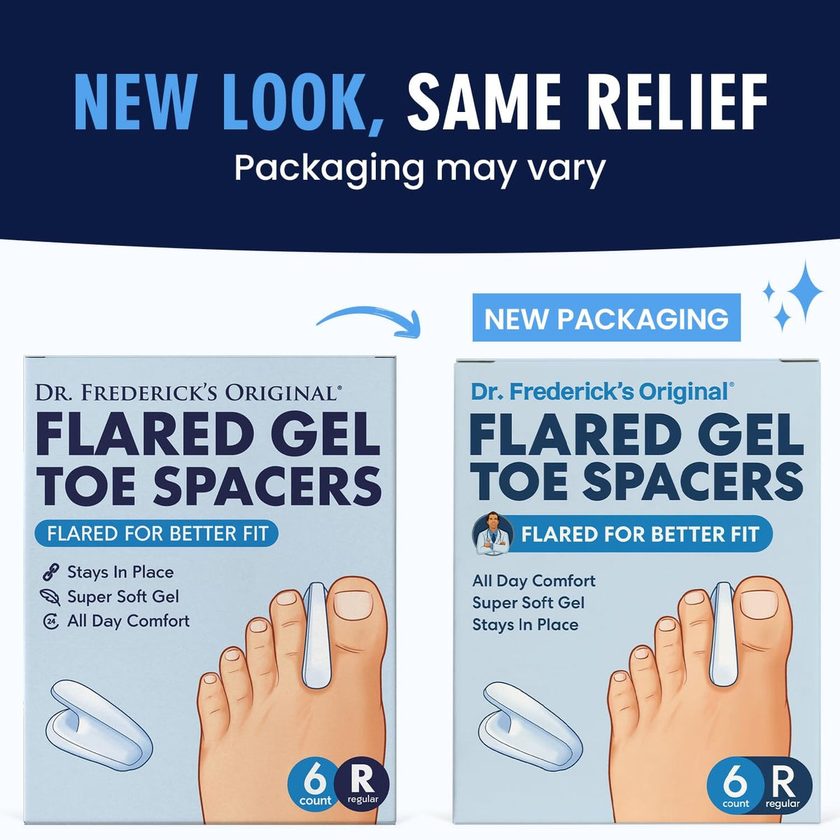 Dr. Frederick&#39;s Original Flared Gel Toe Separators - 6 ct - Soft Toe Spacers for Bunions, Overlapping Toes &amp; Pain Relief - Orthotic Corrector for Men &amp; Women - One Size Foot Pain Dr. Frederick&#39;s Original 